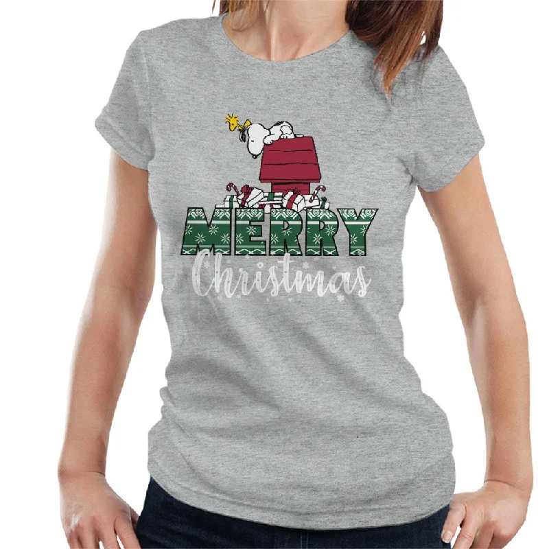 Peanuts Snoopy & Woodstock Merry Christmas Women's T-Shirt-- Solid Print Embellished