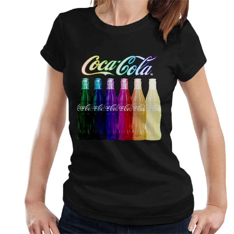 Coca Cola Rainbow Multi Bottles Women's T-Shirt-- Hooded Caped Shawl Collar