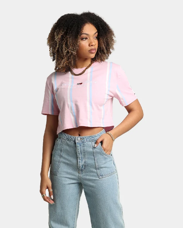 Tommy Jeans Women's Stripe 2 Crop T-Shirt Romantic Pink-- Elasticated Padded Insulated