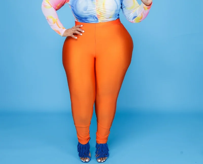 Orange Shiny Leggings Fashionable Stretchy Fit Leggings
