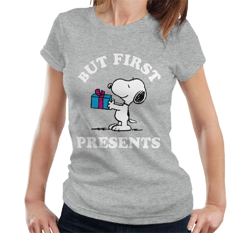Peanuts Christmas But First Presents Snoopy Women's T-Shirt-- Cashmere Blend Cotton Blend Poly Blend