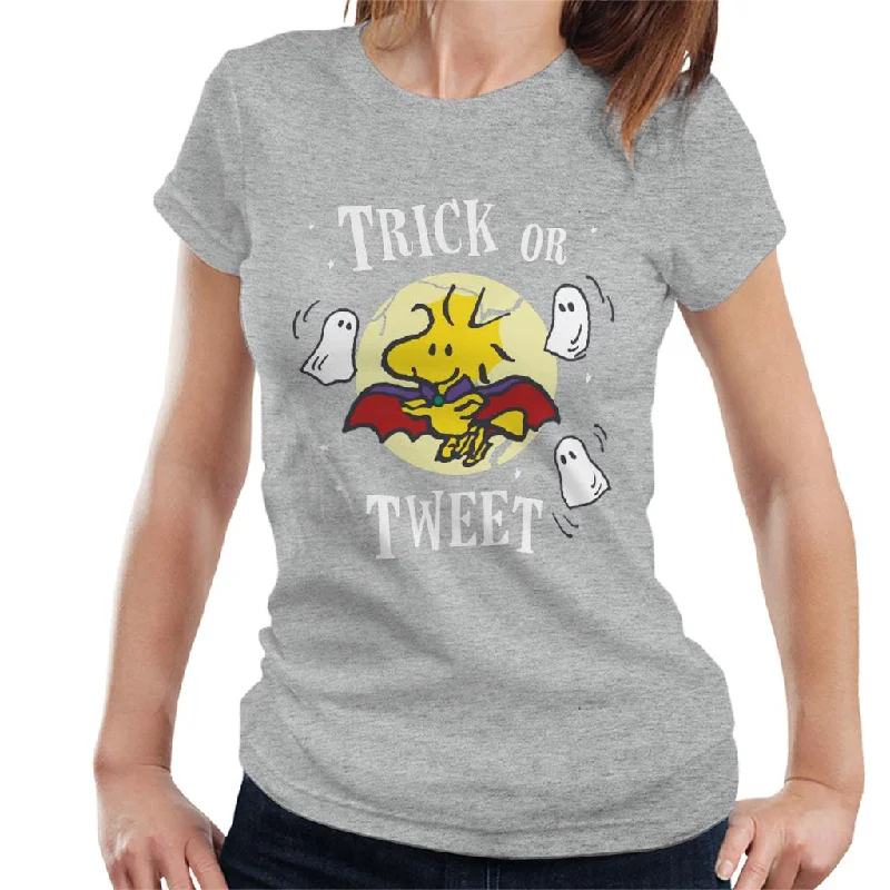 Peanuts Halloween Trick Or Tweet Woodstock Women's T-Shirt-- Striped Floral Plaid