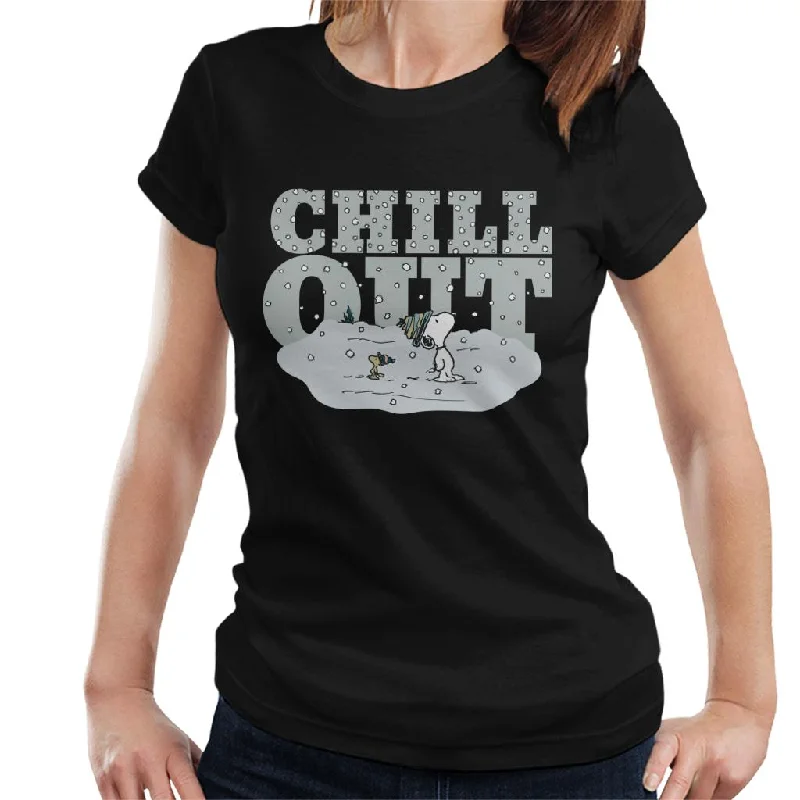 Peanuts Snoopy Woodstock Winter Chill Out Women's T-Shirt-- Rayon Velvet Corduroy