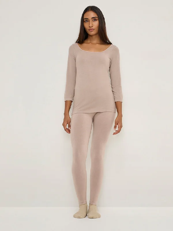 Wunderlove Beige Thermal Wear High-Rise Leggings Stylish Ankle-Length Leggings