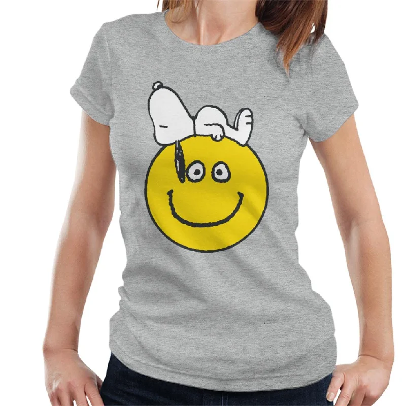 Peanuts Snoopy Lying On A Smiley Face Women's T-Shirt-- Fleece Nylon Spandex