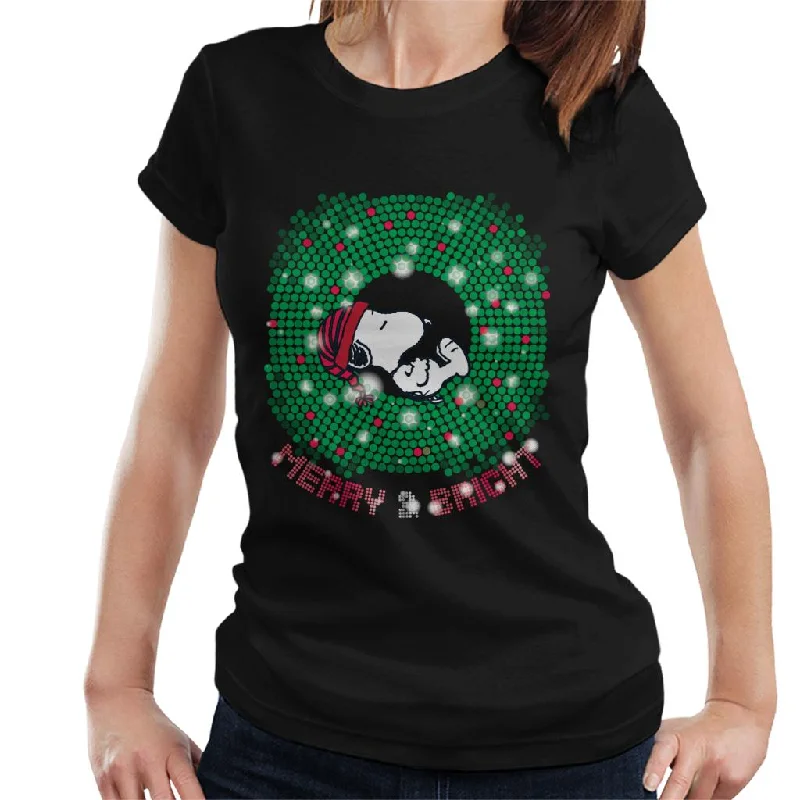 Peanuts Snoopy Asleep Merry And Bright Women's T-Shirt-- Mesh Canvas Denim