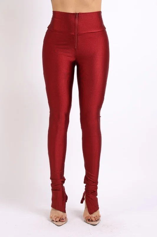 Burgundy Ankle Slit Leggings Fashionable Ribbed Knit Leggings