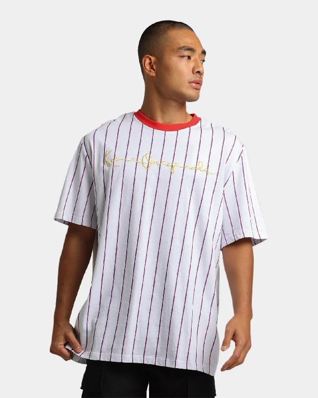 Karl Kani Originals Pinstripe T-Shirt White-- Asymmetrical Pockets Print