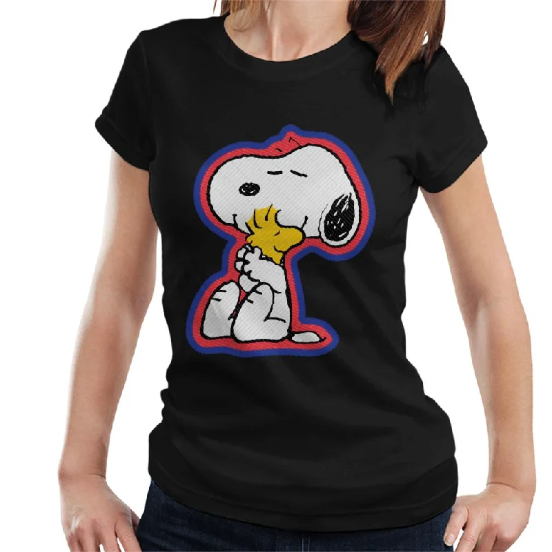 Peanuts Snoopy Hugging Woodstock Women's T-Shirt-- Solid Color Striped Floral