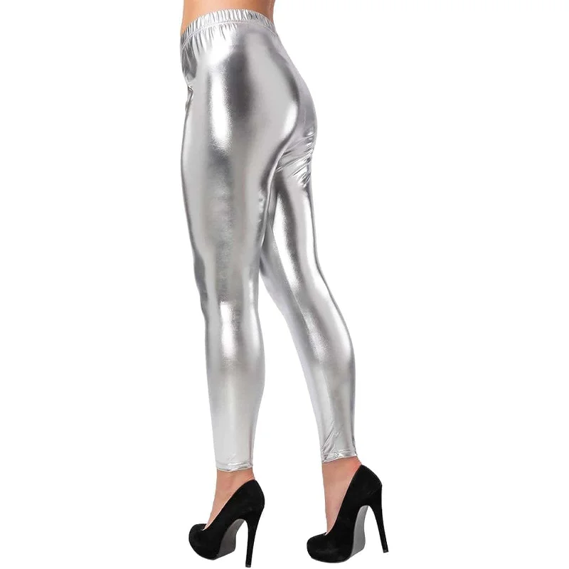 Womens Metallic Silver Leggings 80s Disco Shiny Fancy Dress Classic Solid Color Leggings