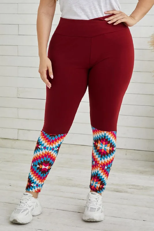Plus Size Geometric Print High Waist Leggings Fashionable Ribbed Knit Leggings