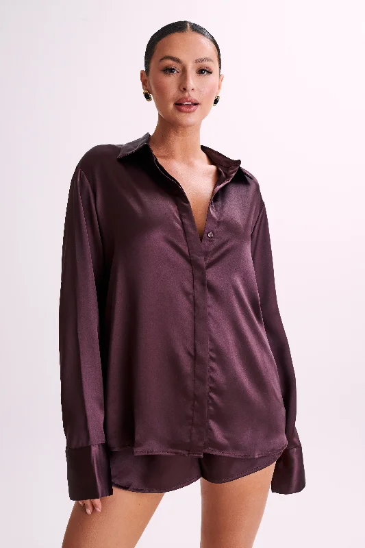 Nori Satin Shirt - Plum-- Cashmere Blend Cotton Blend Poly Blend