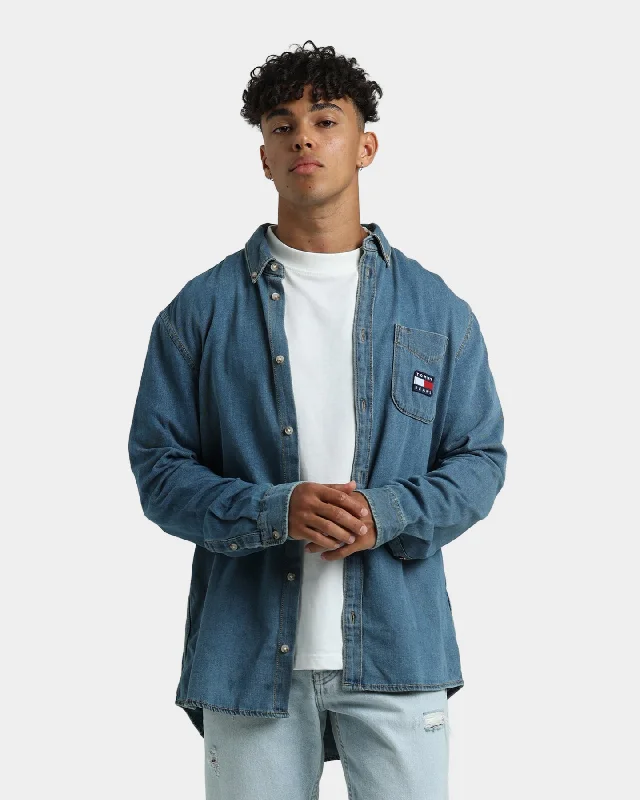 Tommy Jeans Badge Denim Shirt Mid Indigo-- Welt Pockets Slit Pockets Flap Pockets
