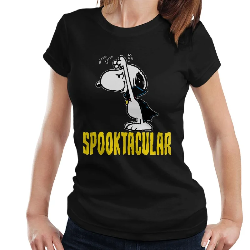 Peanuts Spooktacular Halloween Snoopy Women's T-Shirt-- Notch Collar Peter Pan Collar Cowl Neck