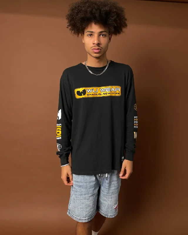 Wu Wear Merch Multi Logo Long Sleeve T-Shirt Black Wash-- Notch Collar Peter Pan Collar Cowl Neck