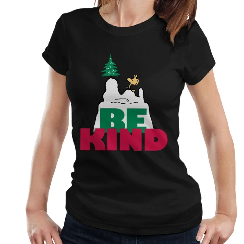 Peanuts Woodstock On Snow Mountain Be Kind Women's T-Shirt-- Satin Fabric Silk Fabric Chiffon Fabric