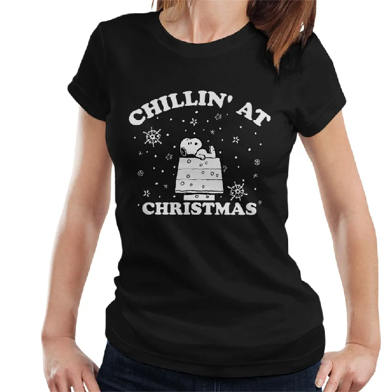 Peanuts Chillin At Christmas Snoopy Women's T-Shirt-- Satin Blend Silk Blend Wool Blend