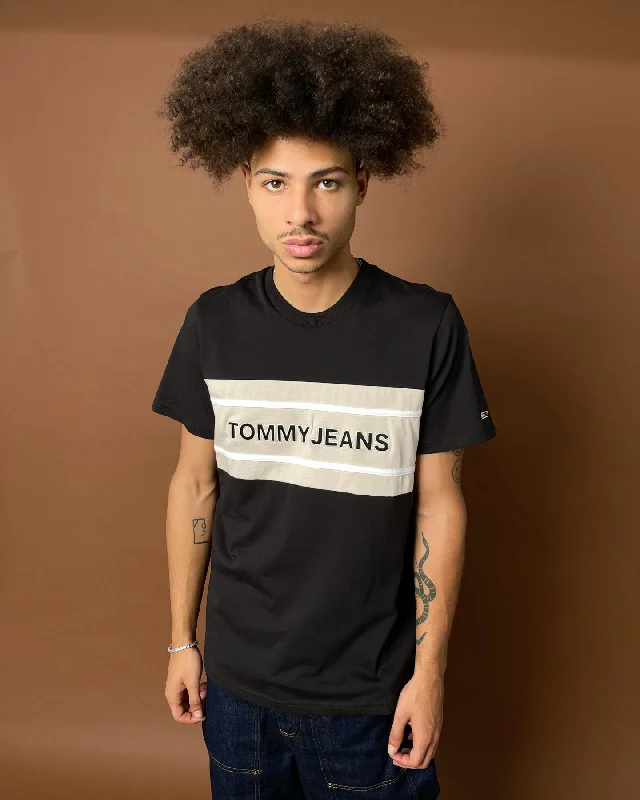 Tommy Jeans Stripe Colour Block T-Shirt Black/Smooth Stone-- Fashionable Trendy Casual