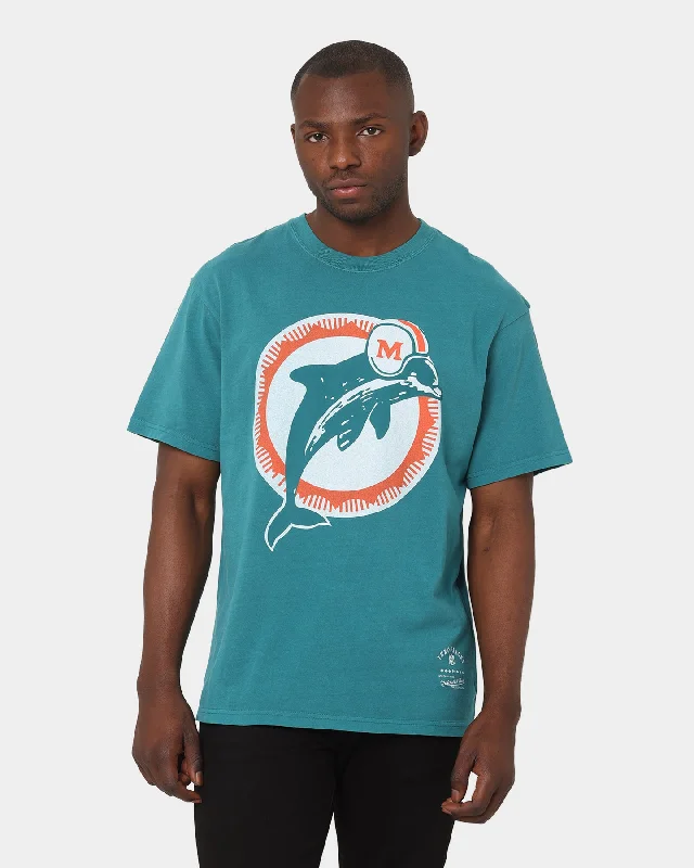 Mitchell & Ness Miami Dolphins Big Logo Vintage T-Shirt Faded Tonal-- Ribbed Striped Patterned