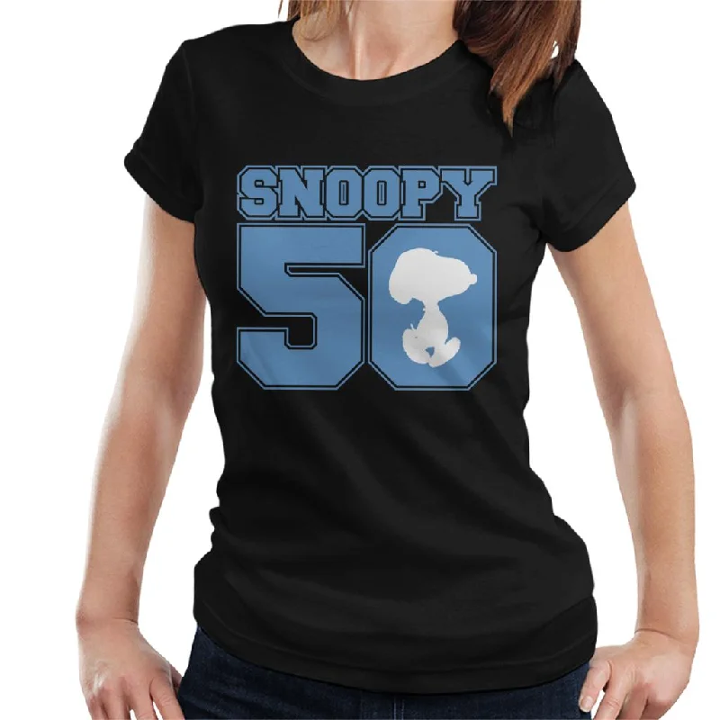 Peanuts Snoopy 50 Text Design Women's T-Shirt-- Notch Collar Peter Pan Collar Cowl Neck