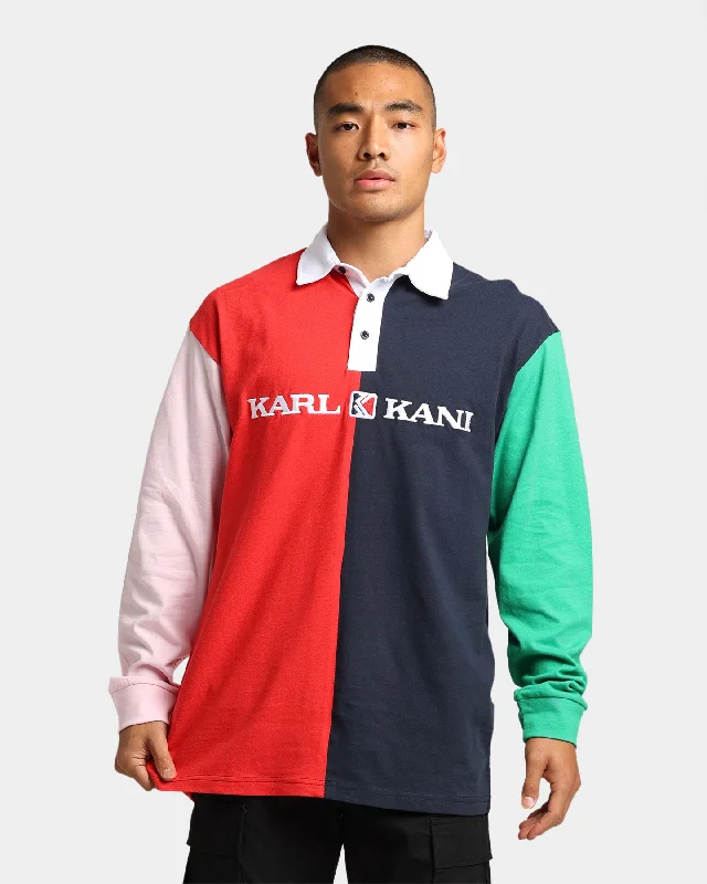 Karl Kani Retro Block Rugby Shirt Navy-- Ribbed T-Shirt High Neck Heavyweight