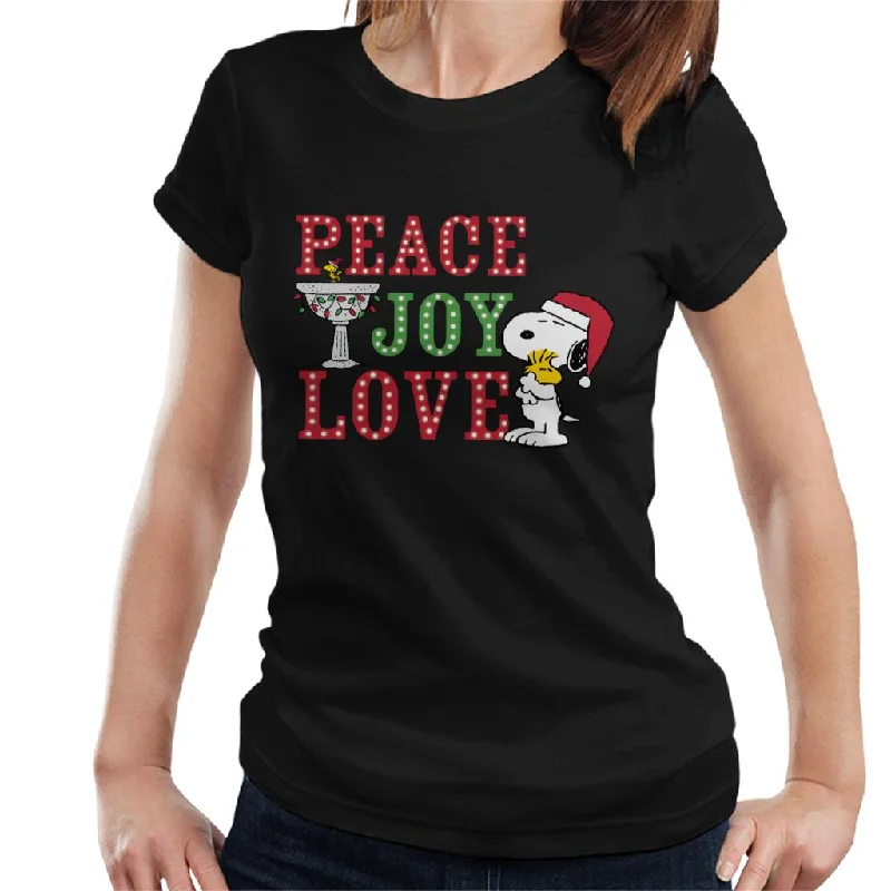 Peanuts Snoopy Holding Woodstock Peace Joy Love Women's T-Shirt-- Cozy Warm Stylish