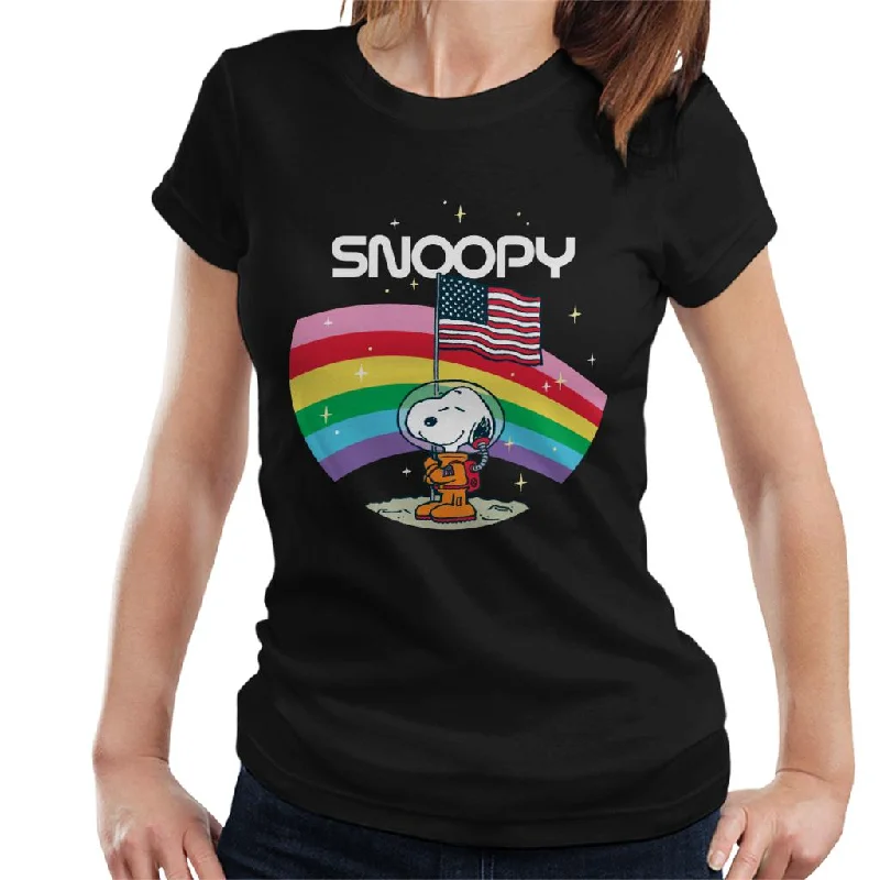Peanuts Snoopy Starry Rainbow Moon Women's T-Shirt-- Silk Blend Satin Velvet