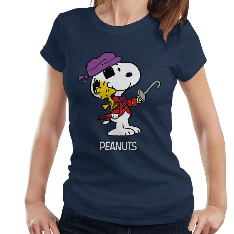 Peanuts Halloween Pirate Snoopy & Woodstock Women's T-Shirt-- Welt Pockets Slit Pockets