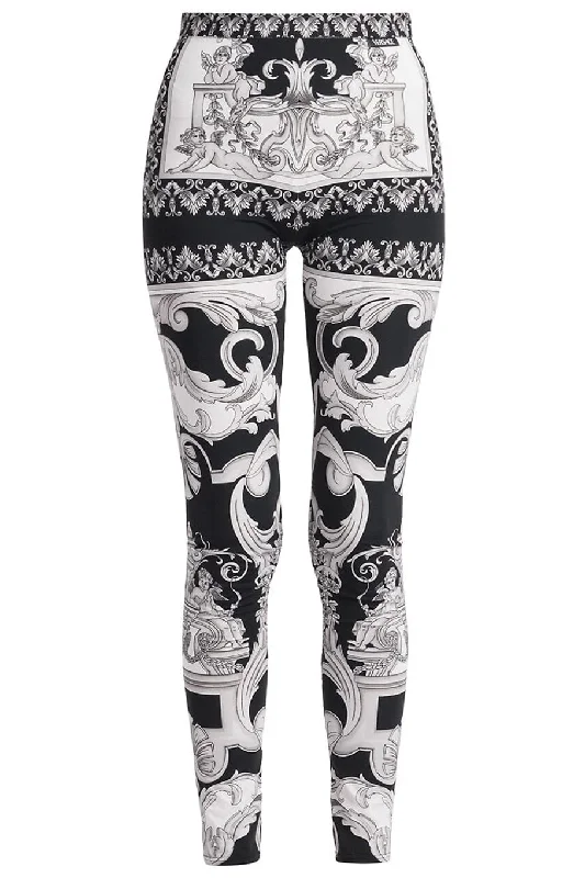 Printed Leggings - Black White Stylish Stretch-Waist Leggings