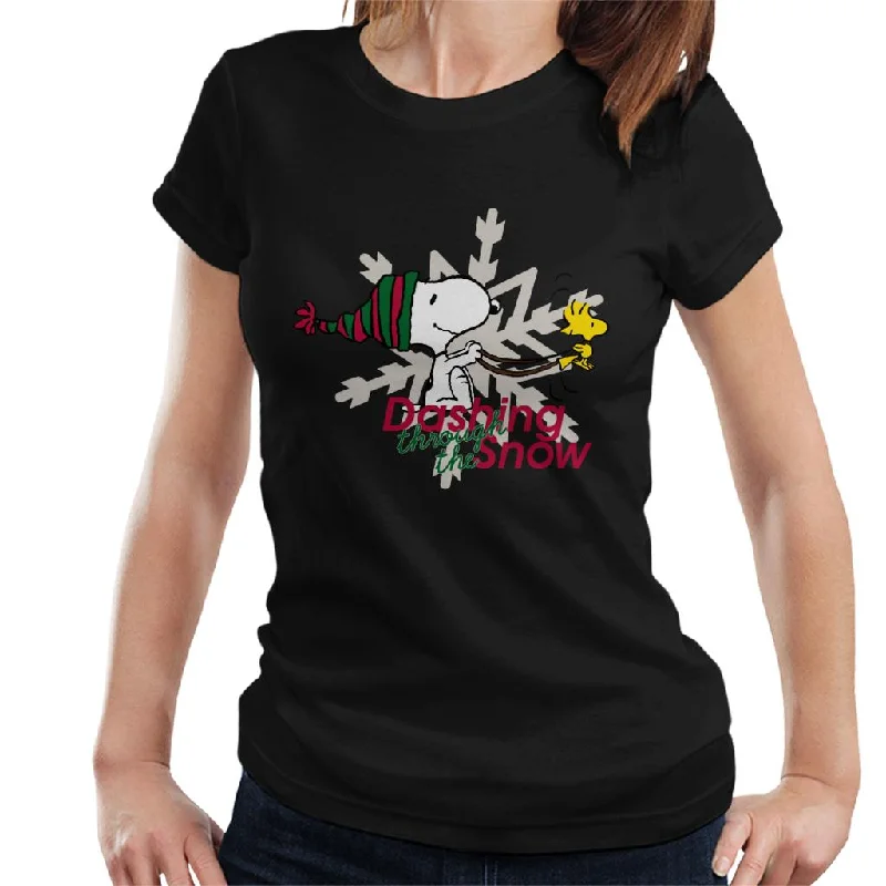 Peanuts Snoopy And Woodstock Dashing Through The Snow Women's T-Shirt-- Faux Fur Fabric Real Fur Fabric Shearling Fabric