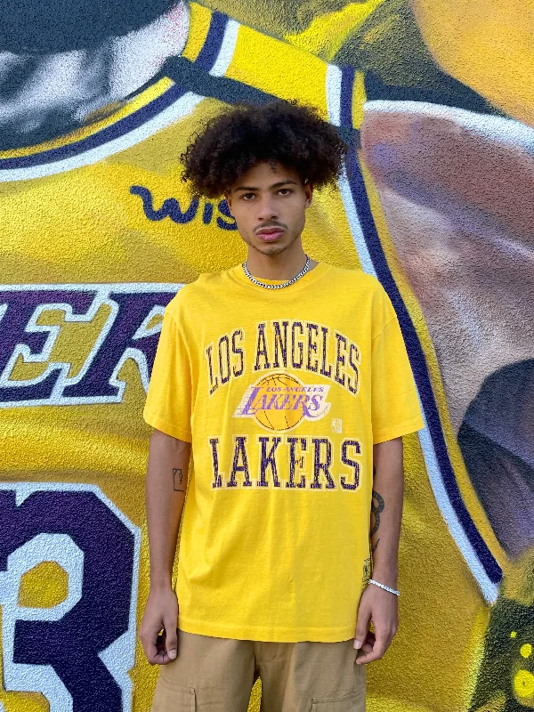 Mitchell & Ness Los Angeles Lakers Vintage Ivy Arch T-Shirt Faded Yellow-- Iron Safe Non-Iron Wrinkle Free