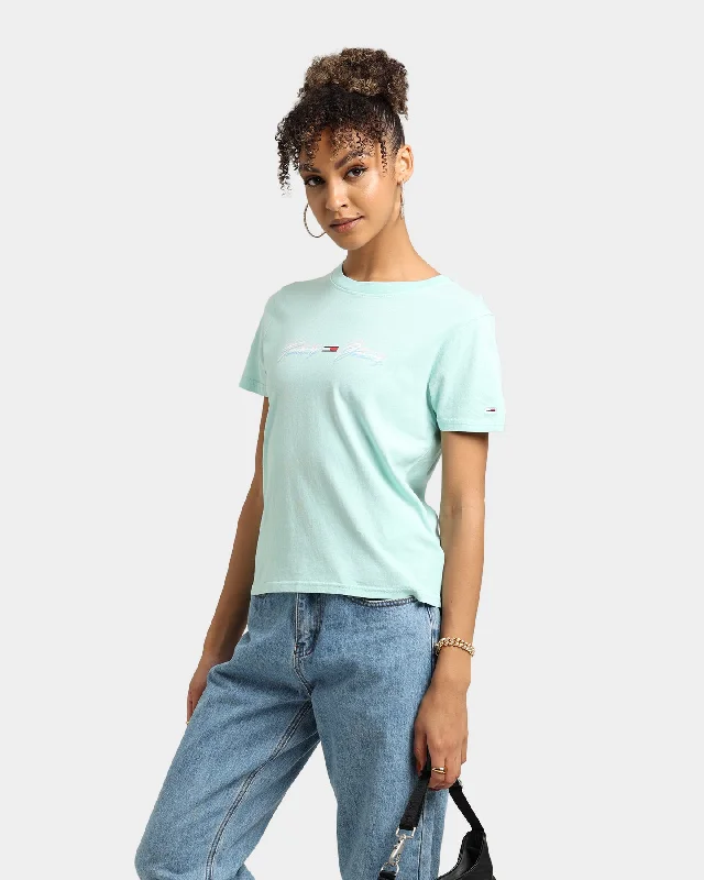 Tommy Jeans Women's Linear Logo T-Shirt Aqua-- Print Jacquard Patchwork