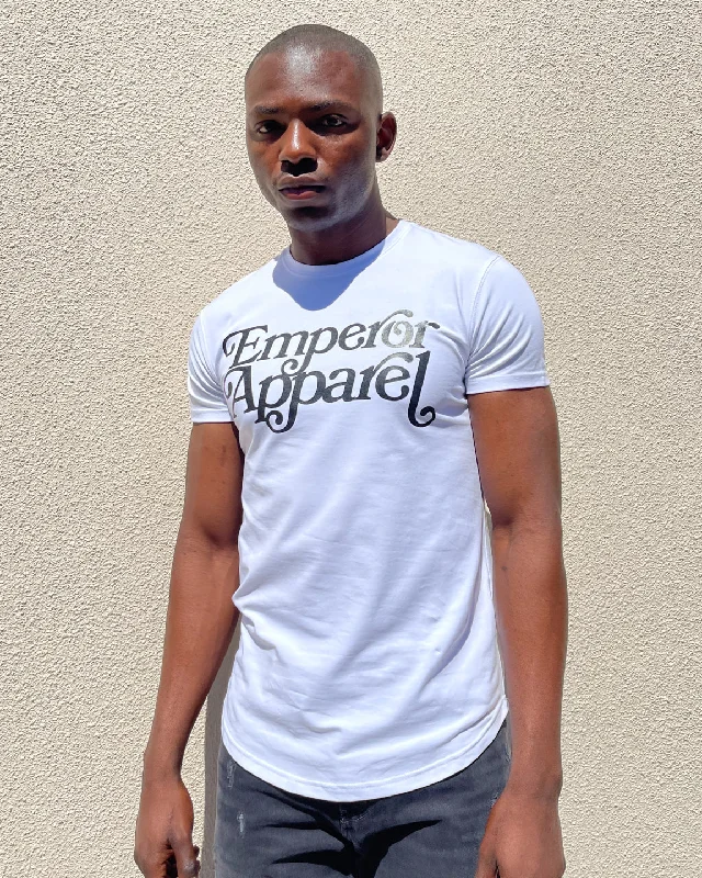 Emperor Apparel Script After Dark T-Shirt White-- Notch Collar Peter Pan Collar Cowl Neck