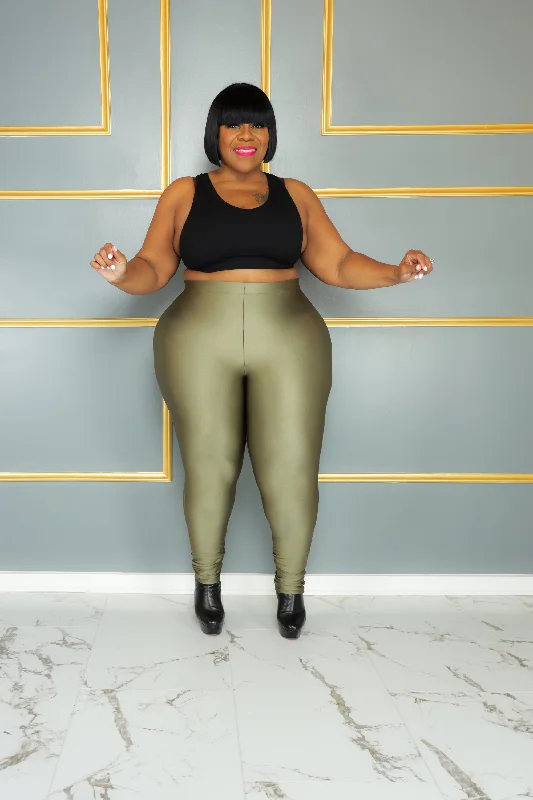 Olive Shiny Leggings Trendy High-Compression Leggings