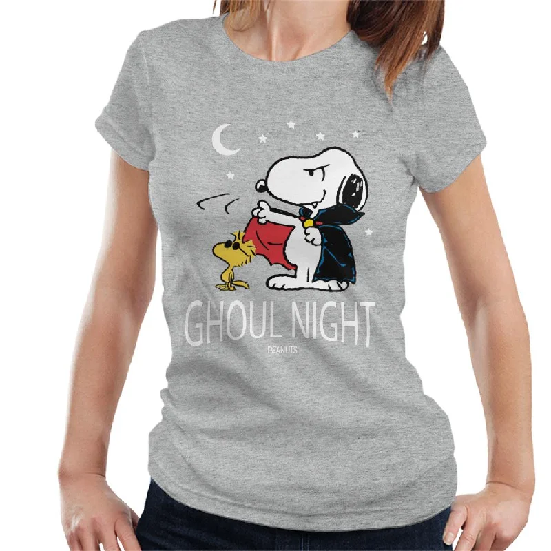 Peanuts Ghoul Night Snoopy & Woodstock Women's T-Shirt-- Print Jacquard Patchwork