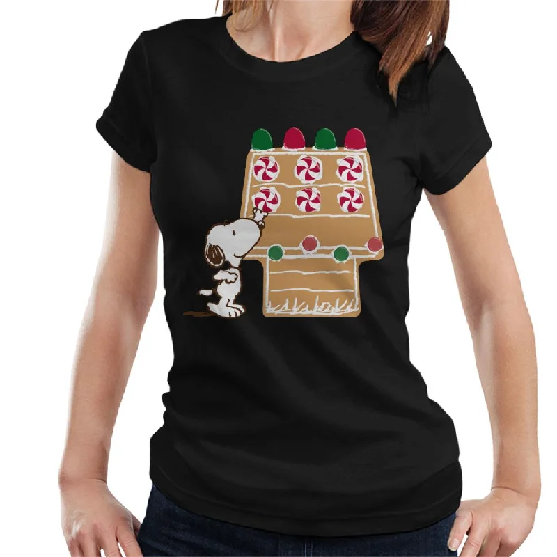 Peanuts Snoopy Reaching For Candy Cane Women's T-Shirt-- Denim Fabric Leather Fabric Suede Fabric