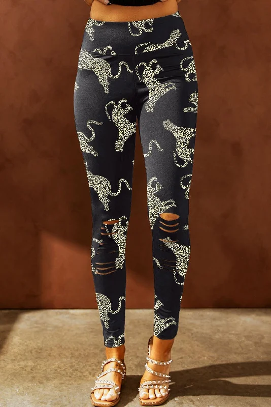 Animal Printed Distressed High Waist Leggings Chic Floral Print Leggings