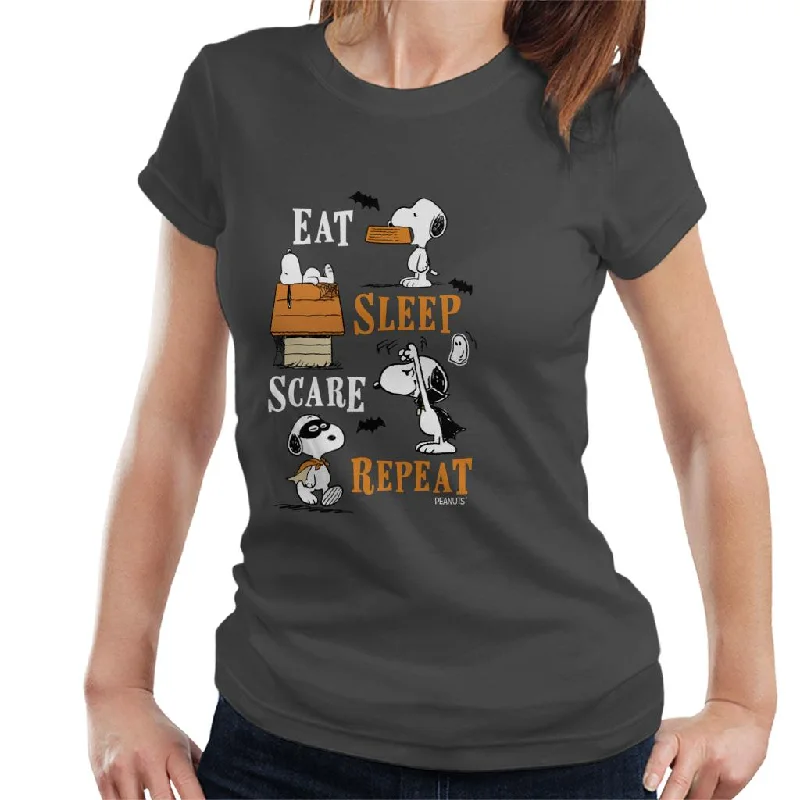 Peanuts Eat Sleep Scare Repeat Halloween Women's T-Shirt-- Collared Crew Neck Turtle Neck