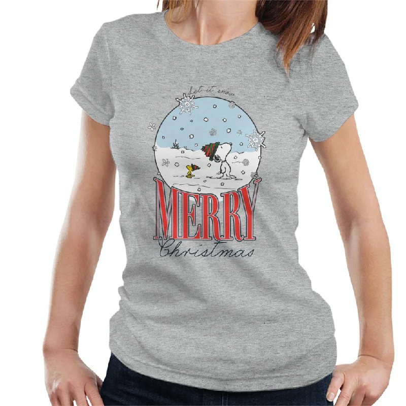 Peanuts Snow Globe Merry Christmas Women's T-Shirt-- Mesh Fabric Canvas Fabric Denim Fabric