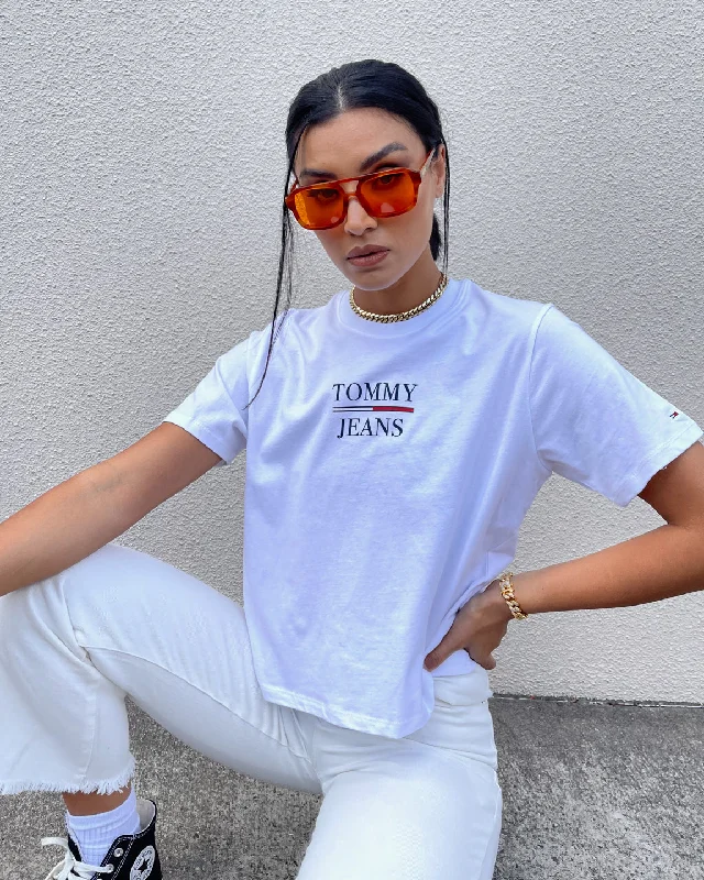 Tommy Jeans Women's Boxy Crop Tommy T-Shirt White-- Asymmetrical Pockets Print