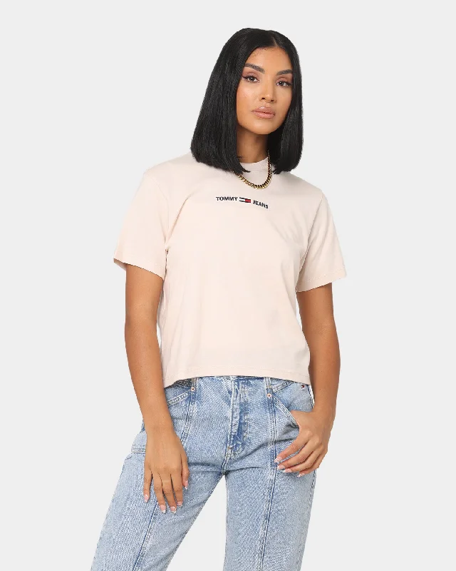 Tommy Jeans Women's Linear Logo T-Shirt Smooth Stone-- Thin T-Shirt Open Front Quick Dry