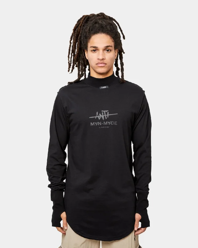 The Anti Order Man Made Long Sleeve T-Shirt Black/Black-- Hooded Caped Shawl Collar