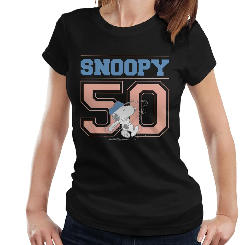 Peanuts Snoopy 50 Baseball Swing Women's T-Shirt-- Hooded Caped Shawl Collar