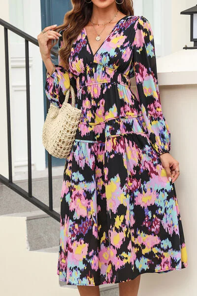 Shona Printed V-Neck Balloon Sleeve Dress Tunics Distressed trendy