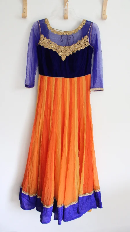 Cobalt Blue Orange & Gold Beaded Long Sleeved Dress | M Halter Neckline Beach