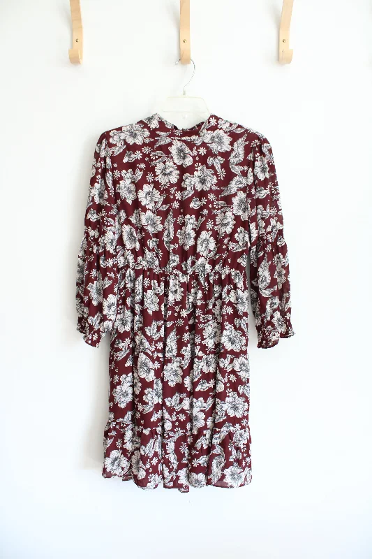 Emma & Michele Maroon Floral Long Sleeved Dress | S Tunics Velvet soft