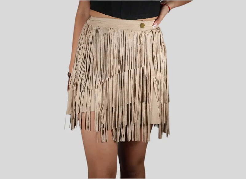 Blue B Women's Suede Fringe Skirt Beige leather skirt refined