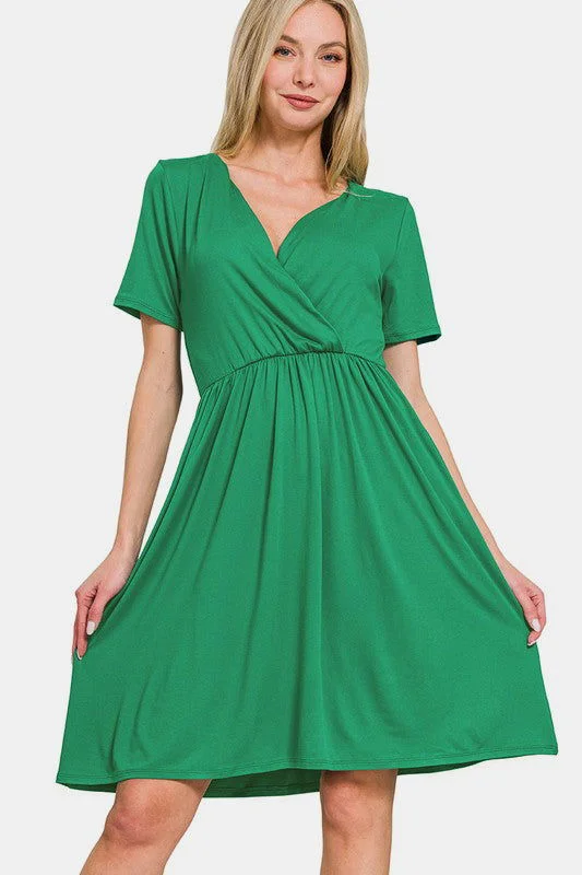 Zenana Surplice Short Sleeve Brushed DTY Dress In Green Tunics Sale discount