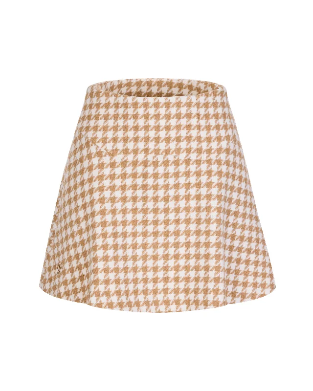 Houndstooth checkered flare skirt - Beige satin skirt smooth