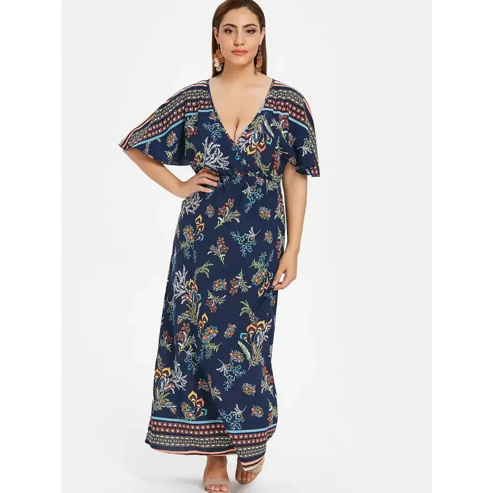 Plus size floral print maxi surplice dress Tunics Gym athletic